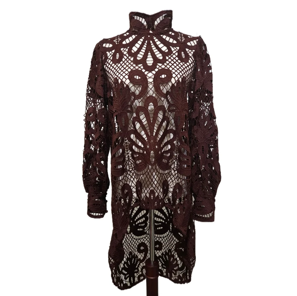 Boston Proper Chocolate Brown Crochet Lace High-Low Top Mock Neck Size Medium - Picture 1 of 13
